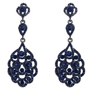 Gun Metal with Deep Blue Sapphire Austrian Crystal Dangling Clip On Earrings